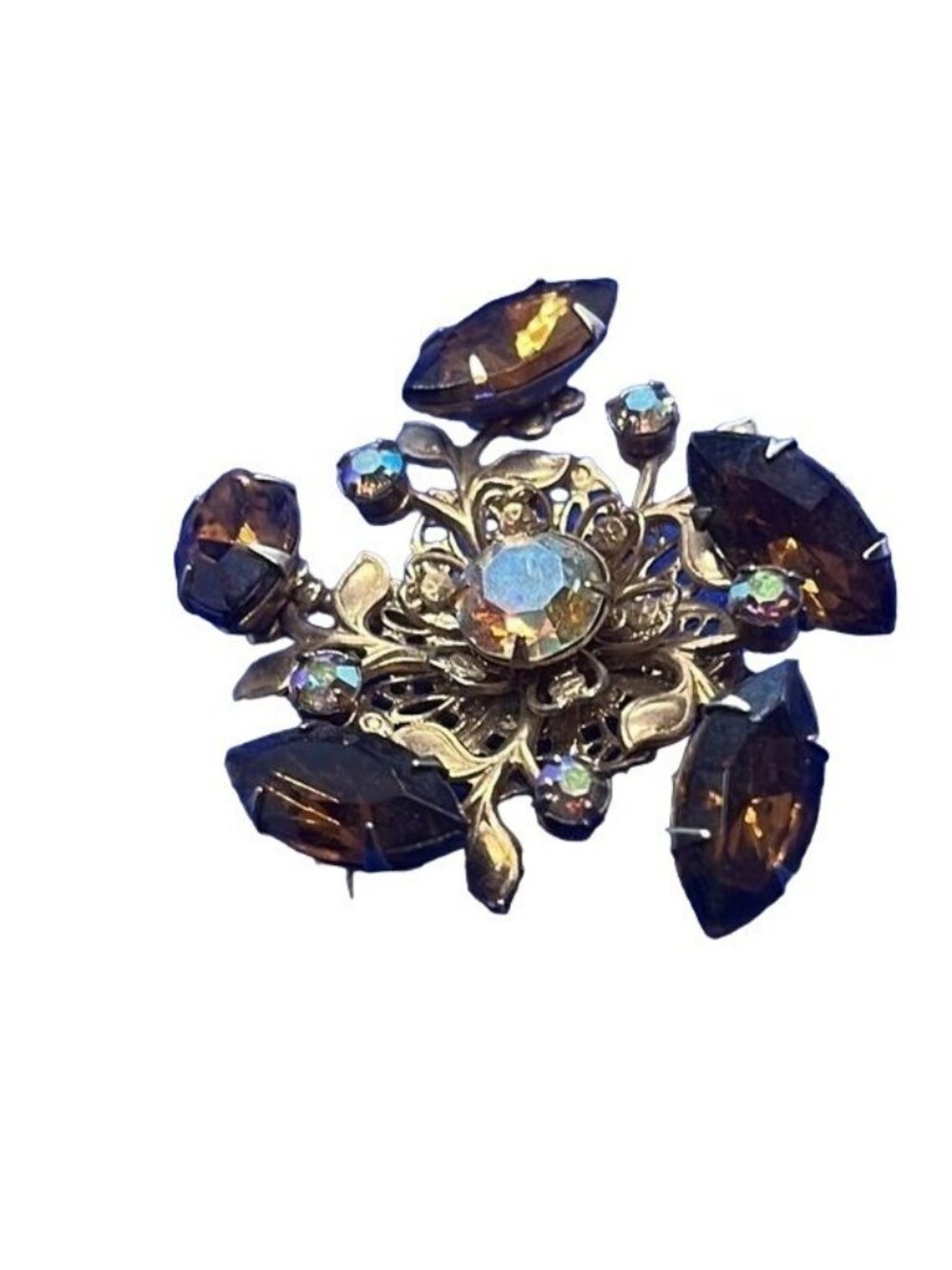 Vintage Gold Tone Filigree Flower Brooch Amber Rhinestone Pin